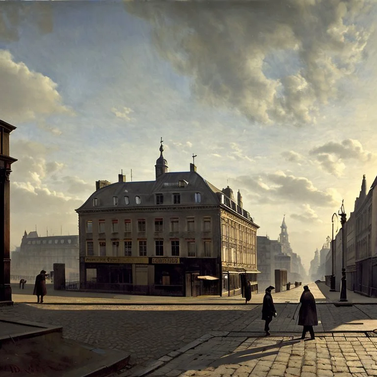 People walking on a street, Paul Delvaux style, odd, naïf, paranoic, photorealism