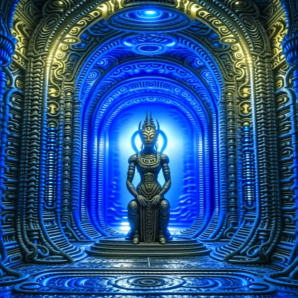 dorment ancient godlike chat robot in the style of giger, in front of teleporter portal to the sea in an underground grove, in the style of dali, 8k, down-light, soft light, depth of field, photo realism, trending on art station, high detail