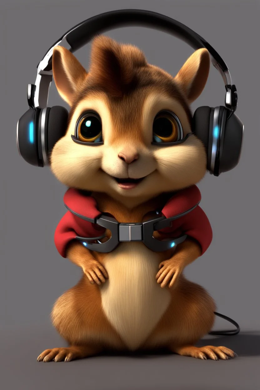 Cute 3d animated chipmunk, she is a PC gamer with mouth piece headphones