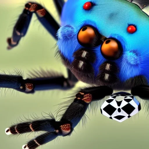 close up of a large hairy blue spider smiling and playing chess, photorealistic, blender render, wide angle lens, 4k, two birds, jungle,