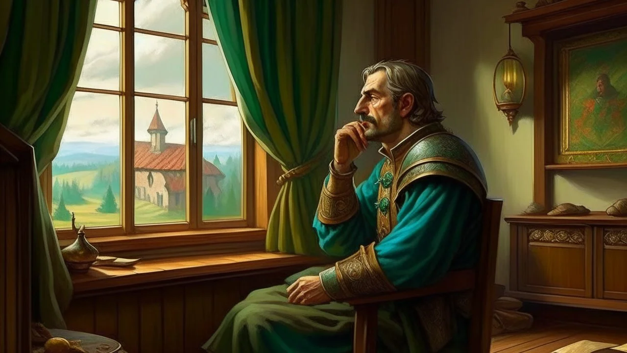 An Andalusian commander in the year 1455 thinking in his room in front of the window