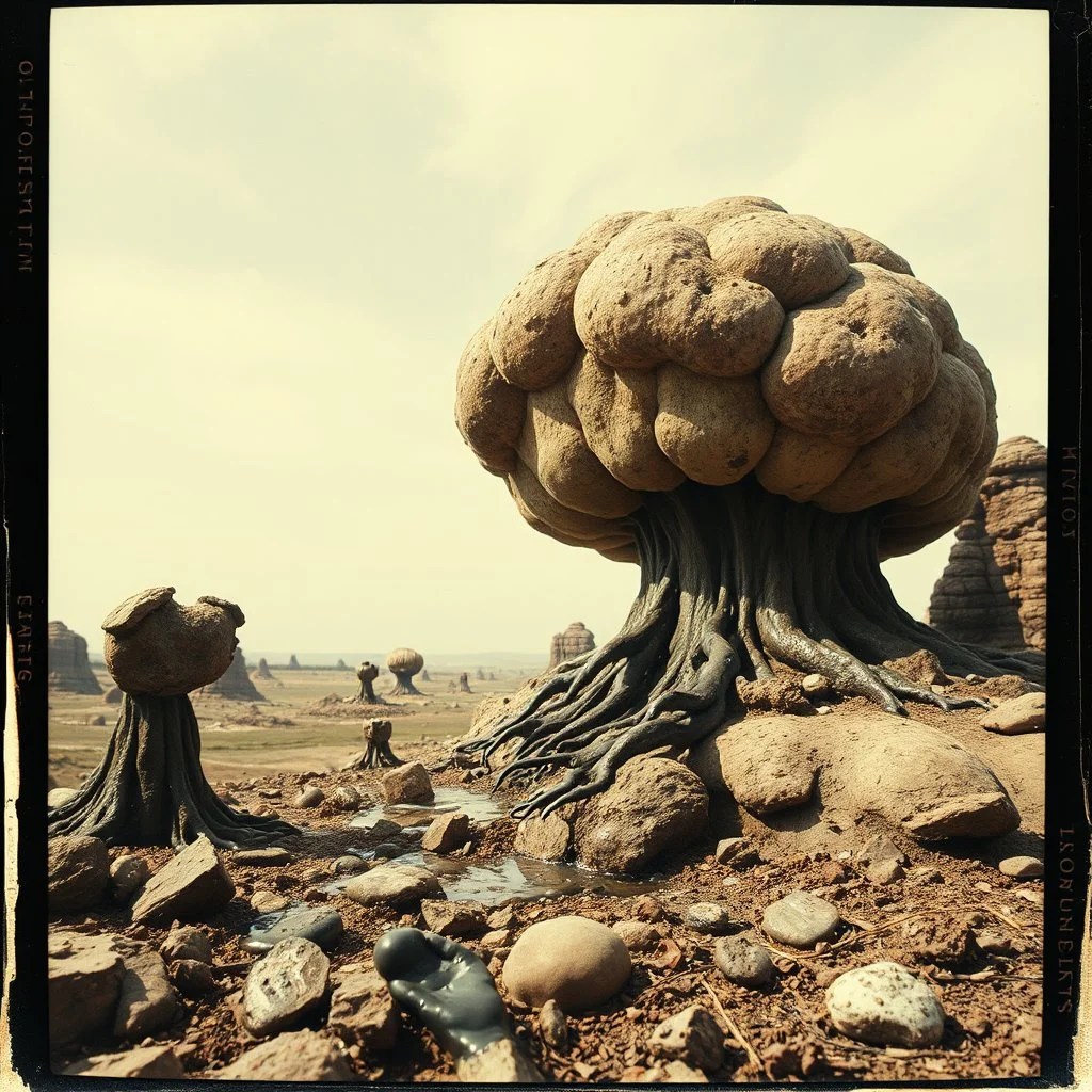 Photography polaroid close-up of a random landscape with massive odd Yves Tanguy incomprehensible style Surrealism, glossy, organic, creepy tumor mass growing, strong texture, fiotti di liquido nero, horror, panic, obsessive, hypnotic