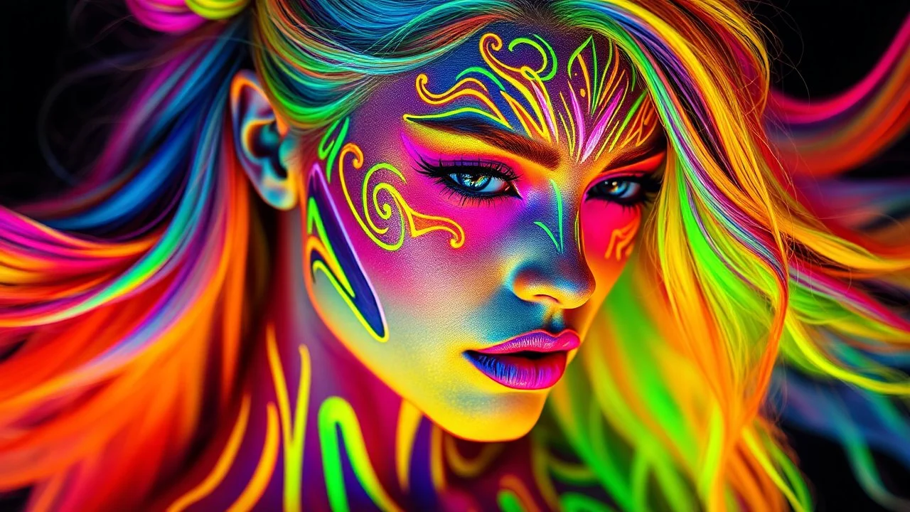 a striking model with colorful hair and body paint, professional body paint, colorfull digital fantasy art, psychedelic goddess, neon light and fantasy,colorful glow, bodypaint, full body art, body paint, full body painting, fullbody painting, vibrant fantasy style, glowing neon skin, glowing with colored light, neon ink, bold and vivid colors, high-definition resolution, professional photography, dramatic lighting to enhance neon shades, Vibrant neon body paint art, intricate eyeshadow design,