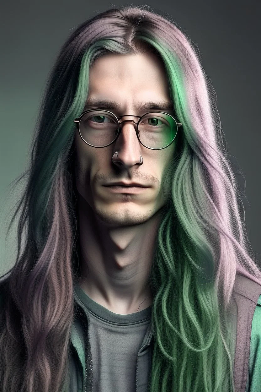 Alien male, with unnatural colored long hair. Soft style with glasses