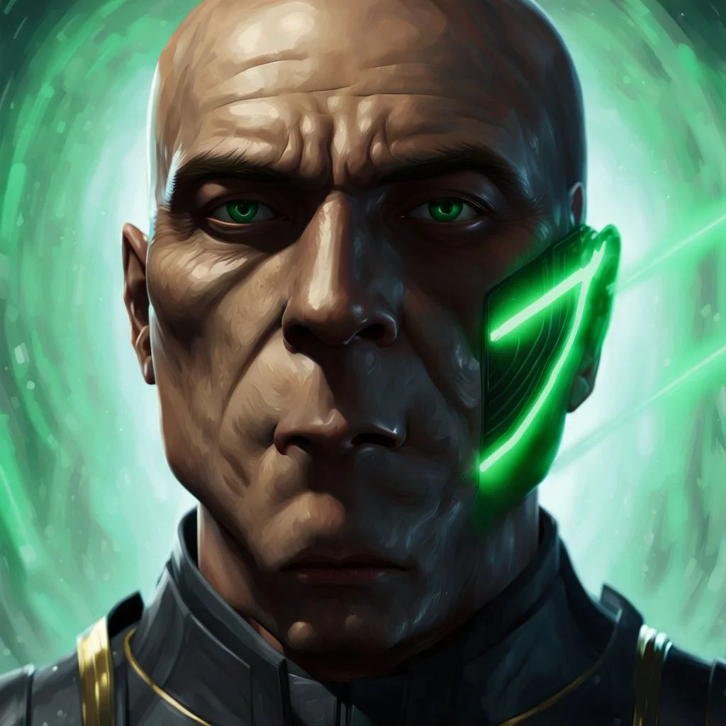 star wars bald male corellian jedi pilot wearing gunmetal grey and black old republic armored robes with gold trim inside the jedi temple holding a lightsaber with viridian green blade in left hand, centered head and shoulders portrait, hyperdetailed, dynamic lighting, hyperdetailed background, 8k resolution, volumetric lighting, light skin, fully symmetric details