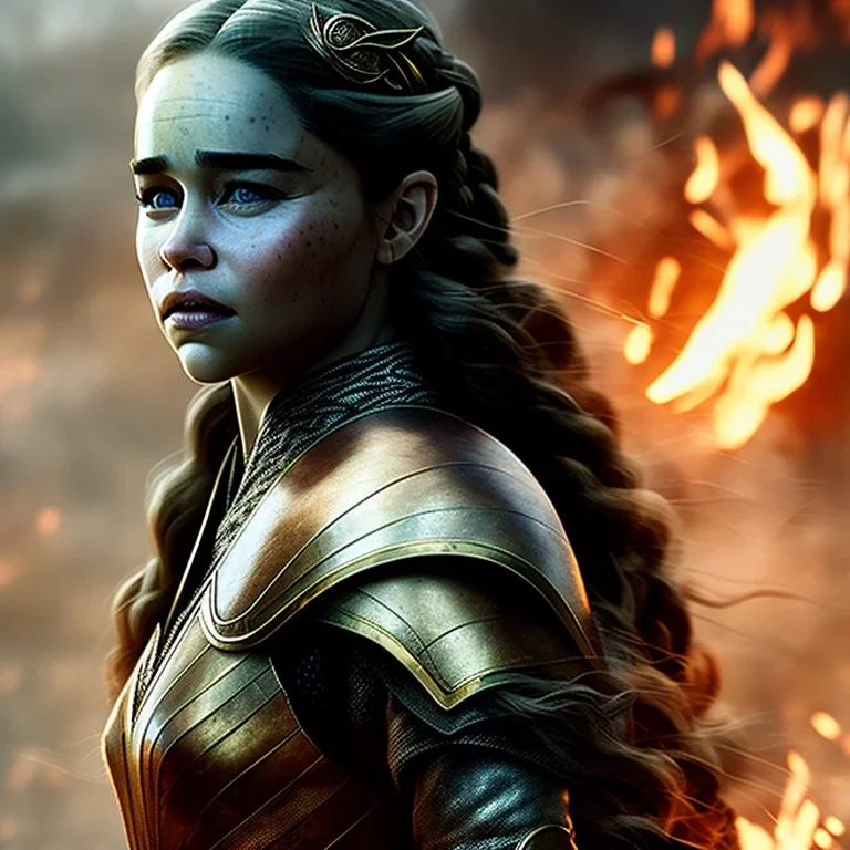 emilia clarke photo face, wearing dragon armor, fog, particle fire, 8k quality, intricate, realism, detailed, fog and fire particles