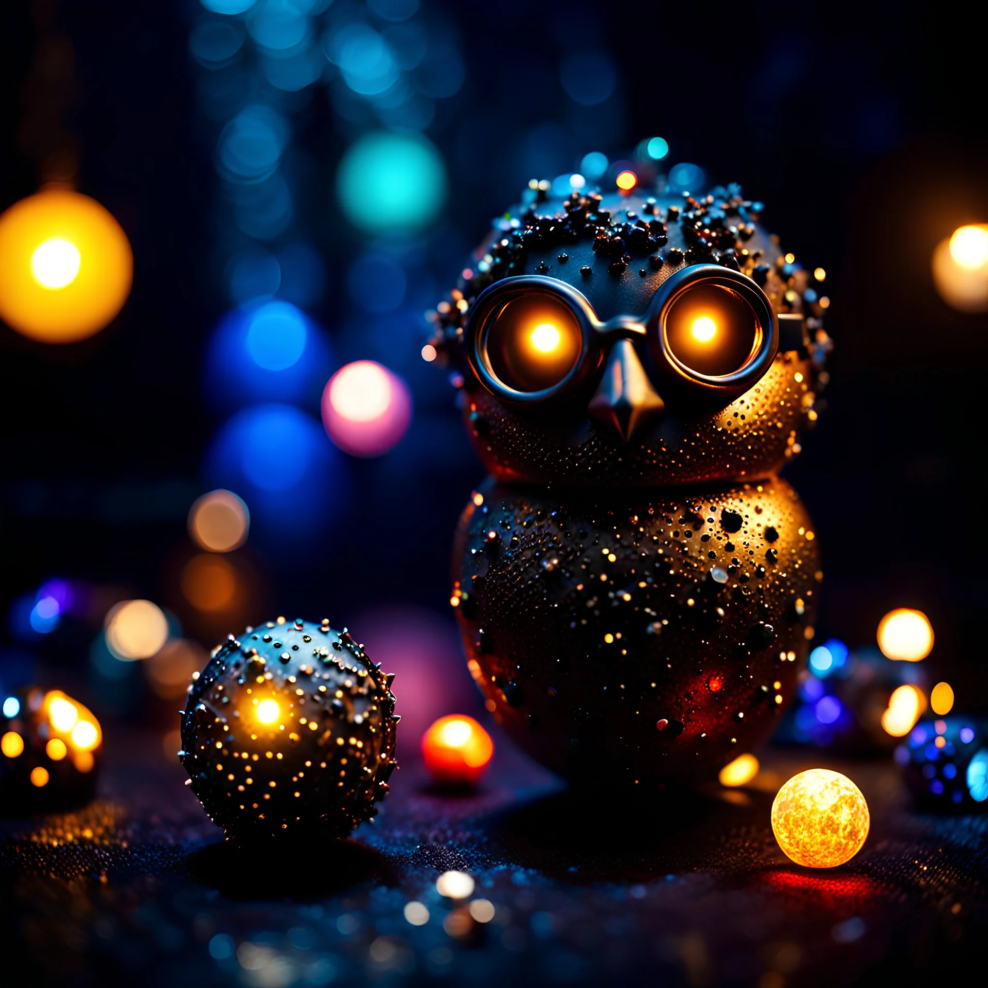 Bright, glittering, 3d, made of modeling clay, surreal objects in a dark environment, bokeh, dadaism, Tim Burton and Harry Potter