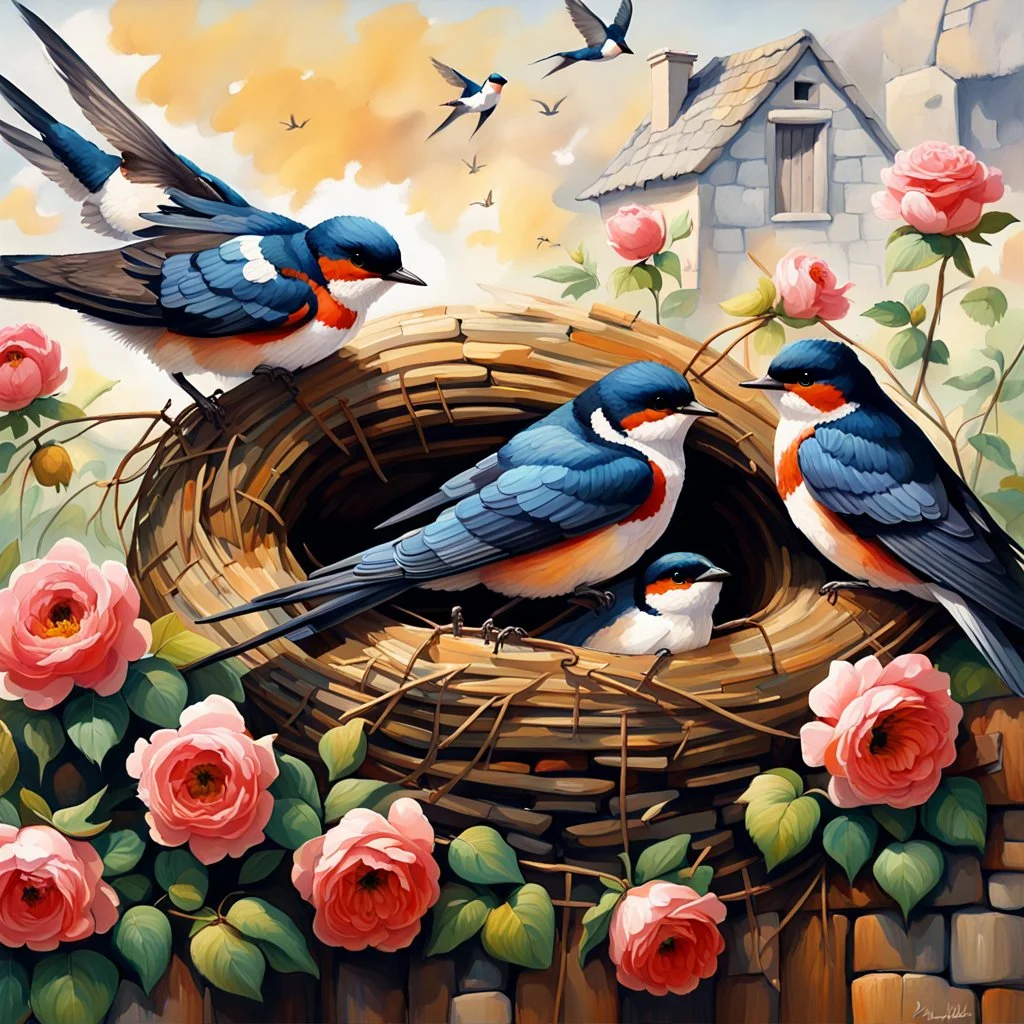 captivating cinematic painting masterfully blending traditional illustration, 3D rendering, and wildlife photography, depicts a picturesque old stone farmhouse with a thatched roof. The harmonious blend of artistic styles creates an atmosphere of serene tranquility, warmth, nostalgia, and timeless beauty. In the cozy home on the roof, three adorable baby swallows rest in their nest, watched over by a swift adult swallow soaring around them. Vibrant hollyhocks cascade along the walls, and hay in