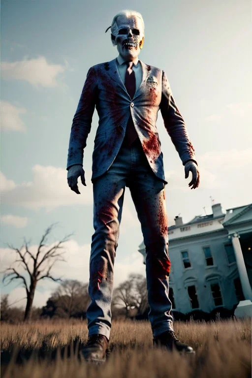 Ultra realistic image, joe biden zombie, zombie performance, skull, blood, torn arm, night, walking twisted, waist up view, thriller style, dark ambient, highly detailed, White House background, concept art, unreal engine 5, god rays, ray tracing, RTX, focal lighting, ultra detail, volumetric lighting, 3d, finely drawn, high definition, high resolution.