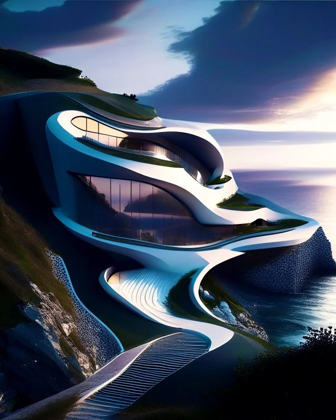 Modern country house on the cliff overlooking the sea Zaha Hadid art warm weather 8k