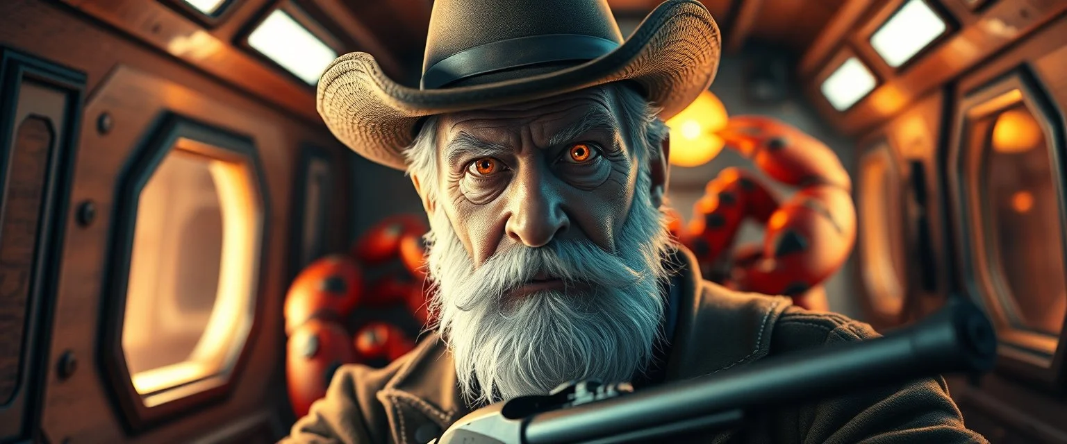 air brush 3d with pen outline,seasoned handsome gunslinger western fluffy elder edgy hero with slightly glowing eyes in front of glistening space lobster dog, shallow depth of field, warm lantern, pin hole cam in doll house space ship, bottom floor board edge border