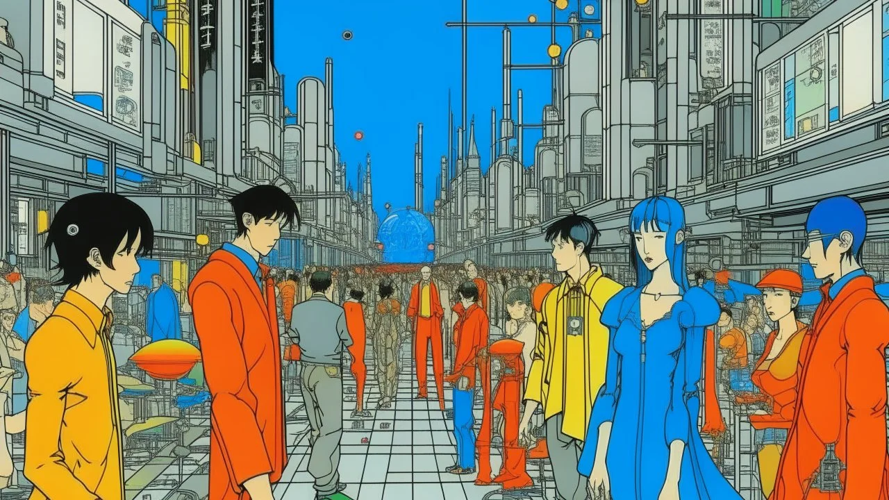 An illustration by Kuniyoshi and and Picasso of a tech people walking inside a futuristic matrix world.