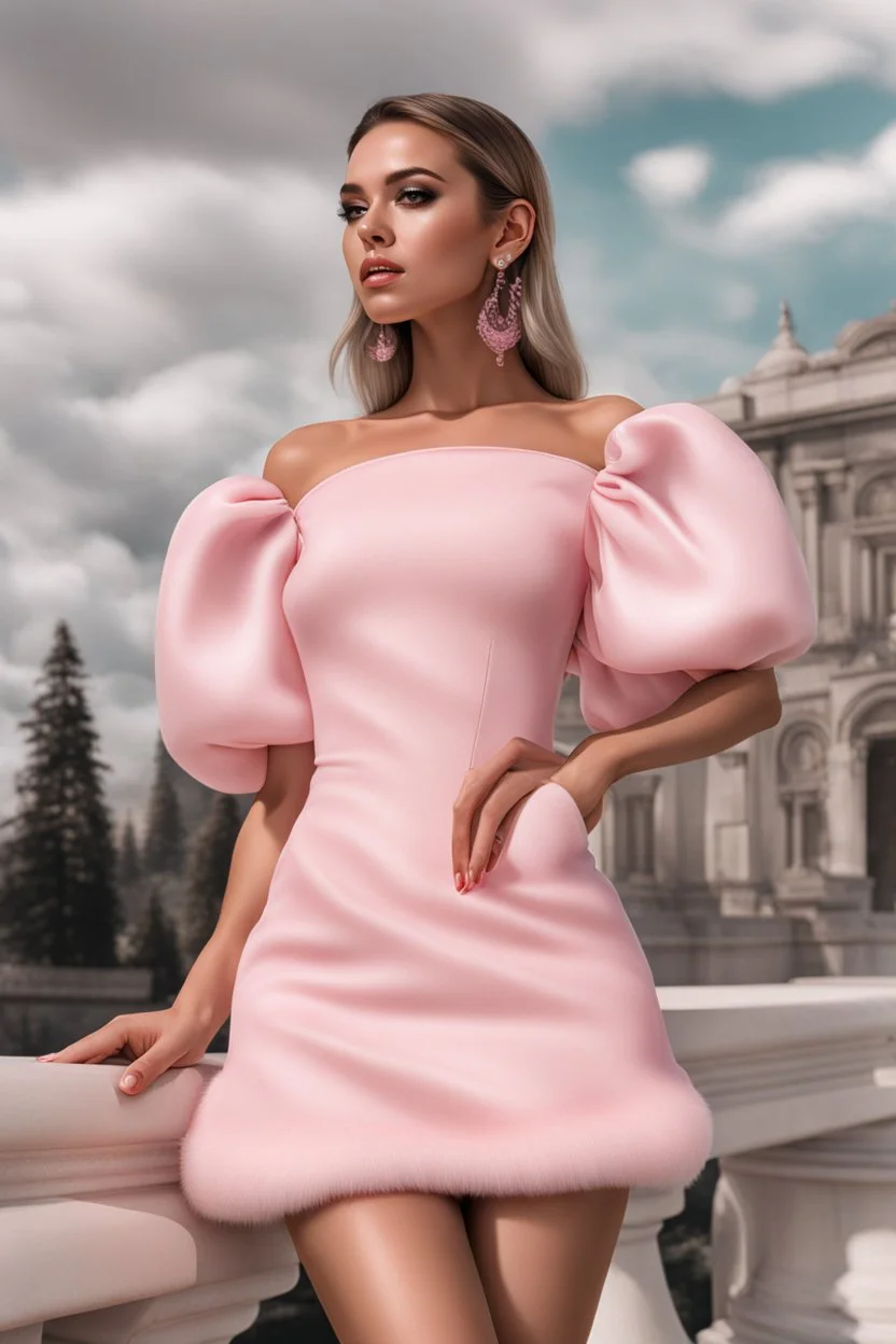 full-body photorealistic girl, white, white skin, wearing a pink puff sleeves mini dress, photoreal, realistic, aesthetic nail art