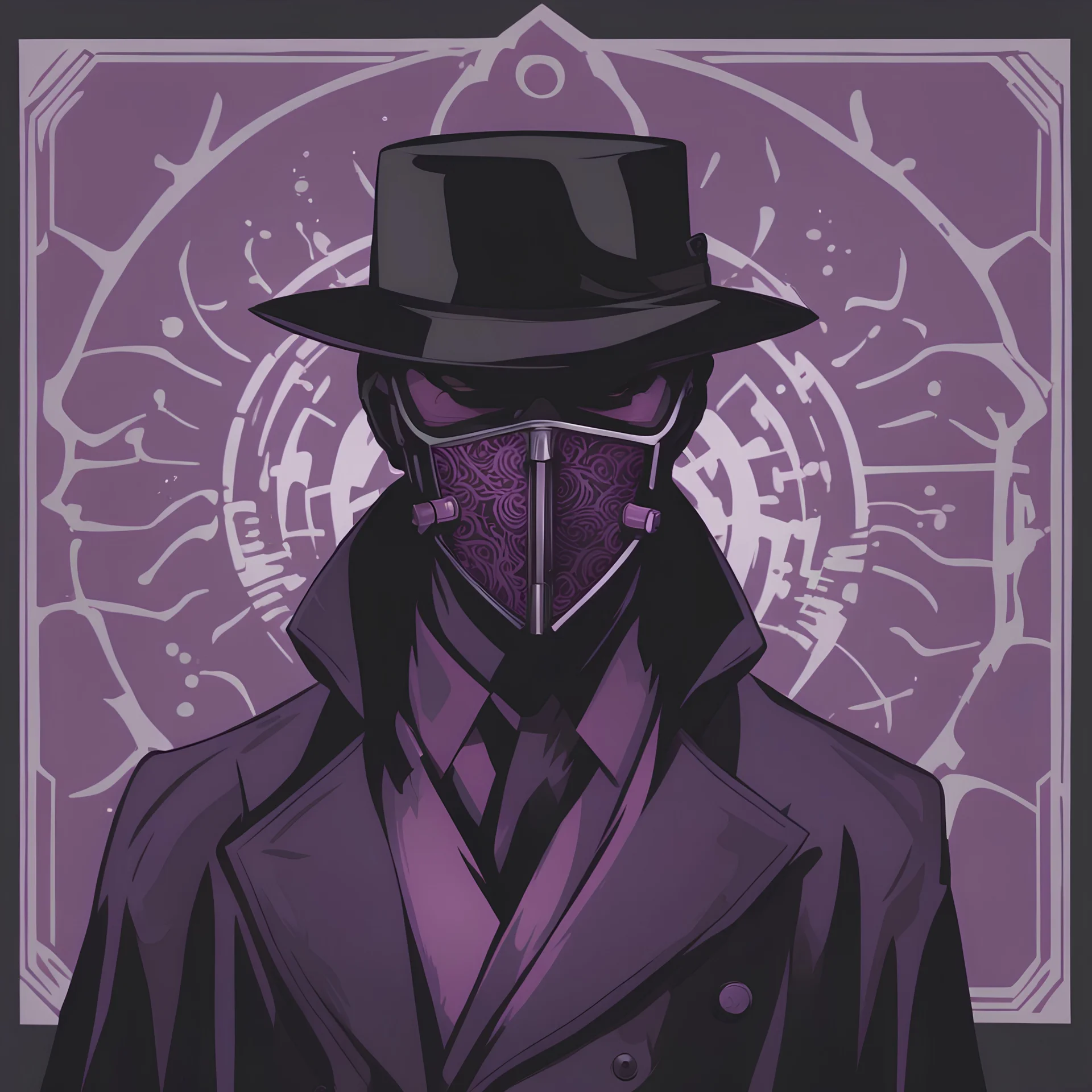 warlock, black hat, black mask with ash purple patterns, black trench coat with ash purple patterns, dark, ominous, ash purple, grey background, profile picture, simplistic design
