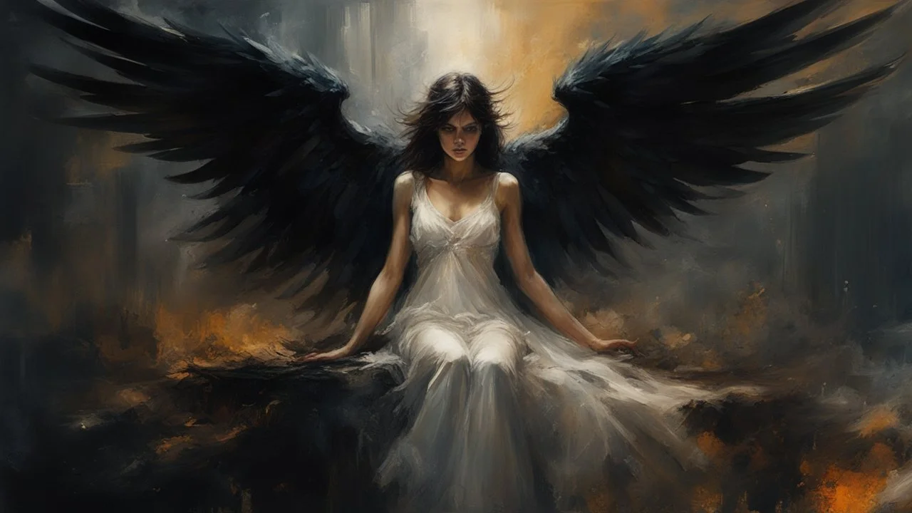 Dark and ethereal, the angel's black wings spread. Each wing carried with it an ancient story, a deep secret that hid in the shadows. cinematic detailed mysterious sharp focus high contrast dramatic volumetric lighting, :: mysterious and dark esoteric atmosphere :: digital matte painting by Jeremy Mann + Carne Griffiths + Leonid Afremov,, dramatic shading, detailed face