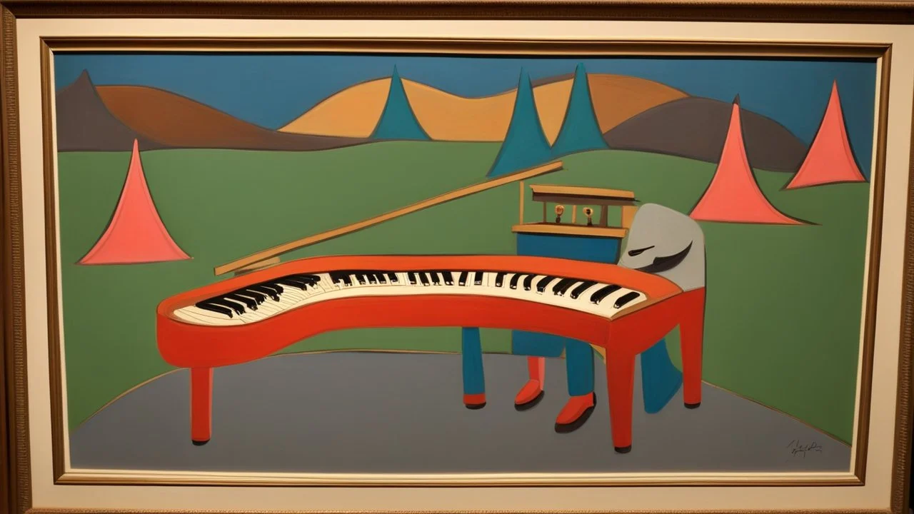 Lonely pianist, folk art surreal; mid-20th century naive art, abstract,