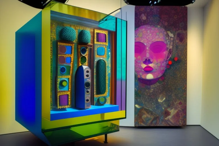 teleport machine in glass box in gallery in the style of Eileen Agar