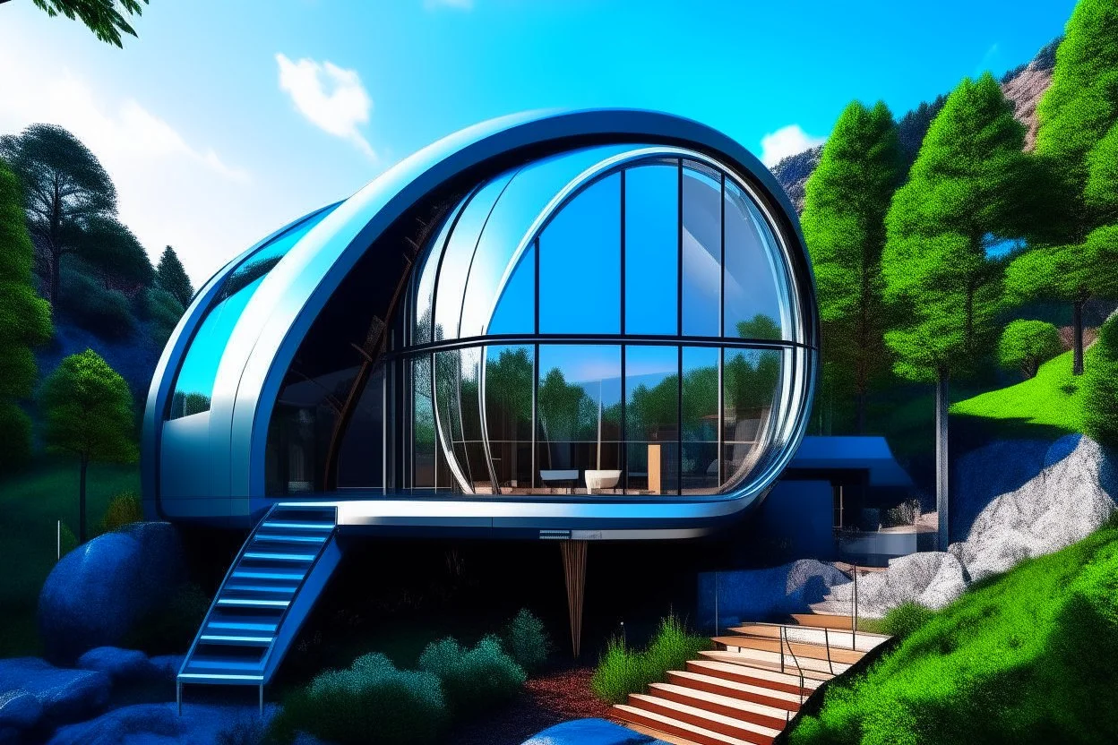 Photo of a futuristic cabin with a shape inspired by the infinity symbol in plan and the x cross in elevation. Glass facades are interspersed between the curved walls, which are steps to go up to the roof to a terrace. There is a driveway with a luxury jeep parked, with a path leading down to the building on the side of the hill. It has a biomimetic design, carbon neutral and zero energy. There are hikers in the distance and the silhouette of a bird in the sky. By drone