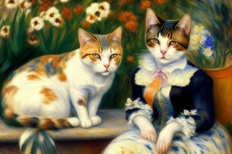 Two cats on a terrace. Auguste Renoir. Cat Perfect brown eyes with perfect iris.