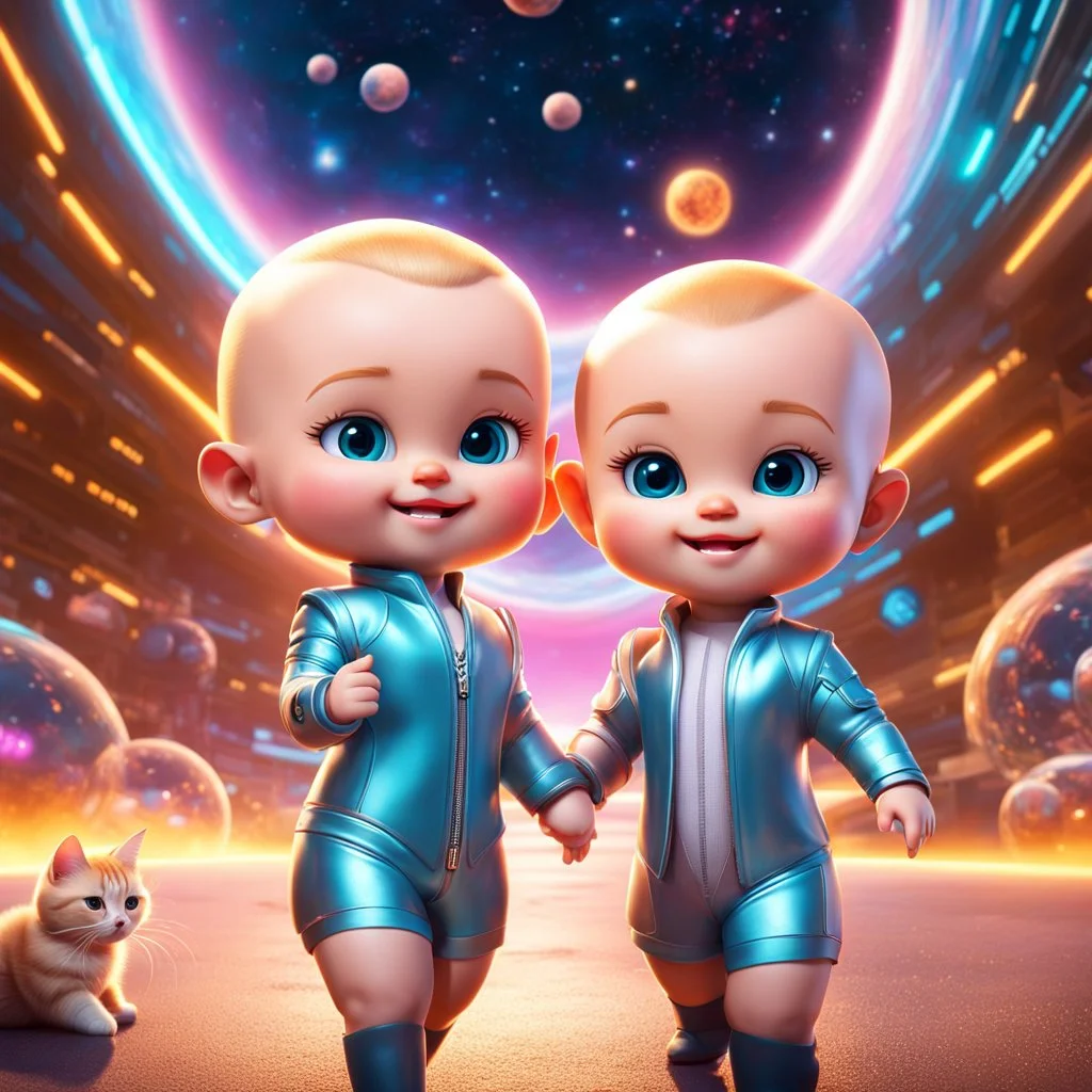 (masterpiece, best quality, 8k, RAW photo, beautiful and aesthetic:1.2), complex detail, Indirect light, photorealistic, (((full body))), 2 Cosmic Boss Baby style, bald boy and girl smiling, long curved blonde hair , with a ginger cat companion, colorfull Sci-Fi environment