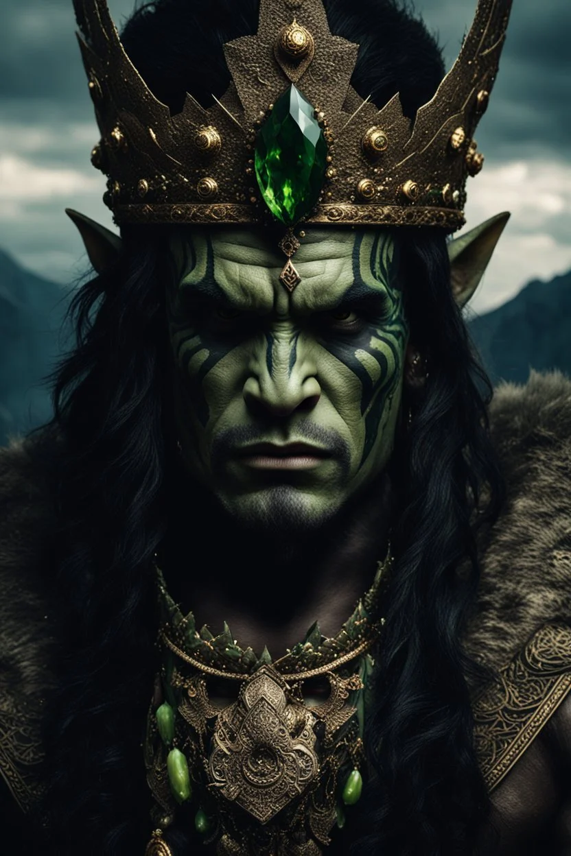 portrait of an orc king with pale skin. Tribal Tattoos Dark hair and green eyes. His look is sad. Half of his head is shaved. wearing jewellery and a golden crown. High resolution. 4K. 8K. Dark Fantasy style. Mountains in the background