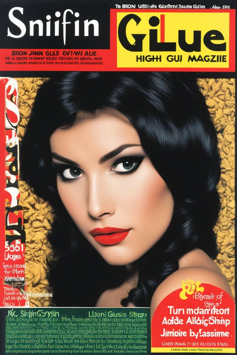 SNIFFIN’ GLUE magazine high res photo cover by Brion Gysin . Special black magic issue nbe 541, June 2034: turn your ex boyfriend into a bimbo ; guest star : the magic of shape shifting aladin to Jasmine in three steps (three images: Aladi on the left, Jasmine on the right, partly transformed in the middle),