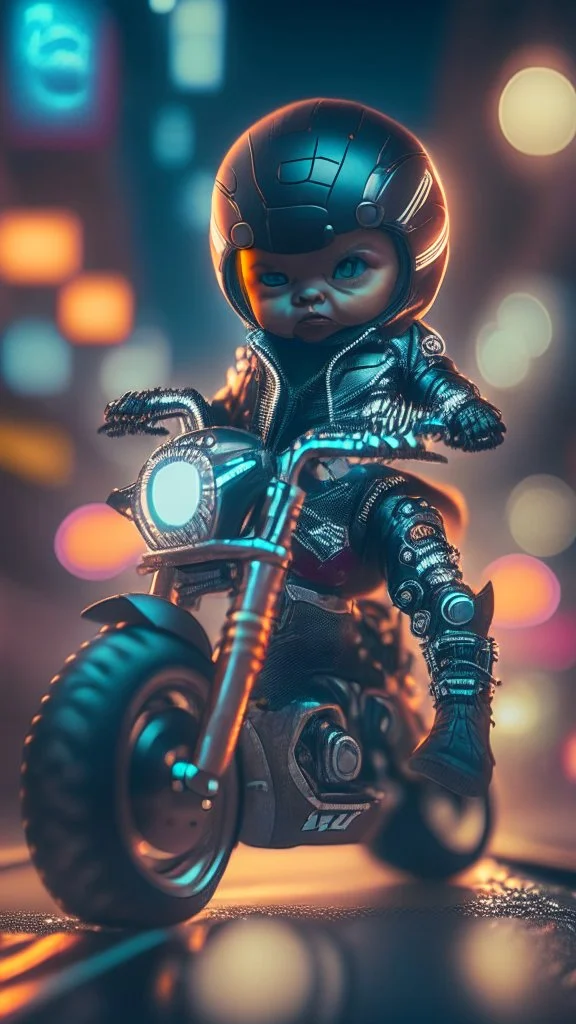 A Sharp Kawaii tiny hyper realistic baby ironman riding mini harley davidson, wearing bikers clothes with freestyle action, night of cyberpunk city background. wide angle full body, 8k, Cinematography, photorealistic,epic composition Unreal Engine,Cinematic, Color Grading, Portrait Photography,Ultra-Wide Angle, Depth of Field, hyper detailed