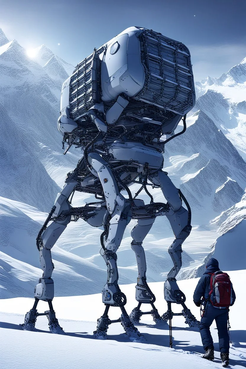 a sleek mechanical walker with eight legs scaling a very steep snow covered side of mout everest at night, it has a smooth surface, it has storage pods on its belly human can fit in the pods