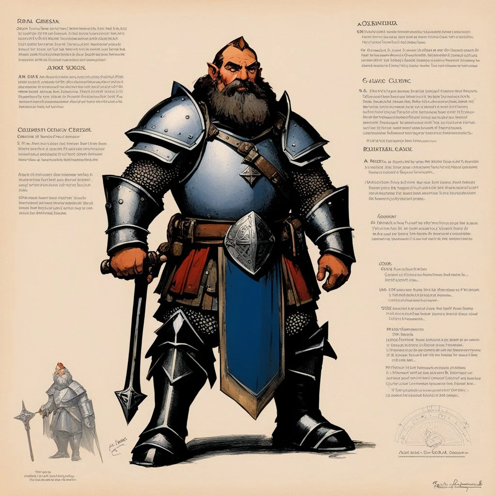 character concept sheet with AD&D statistics and characteristics, [illustration by René Gruau] a dwarf cleric in heavy armour and his mace