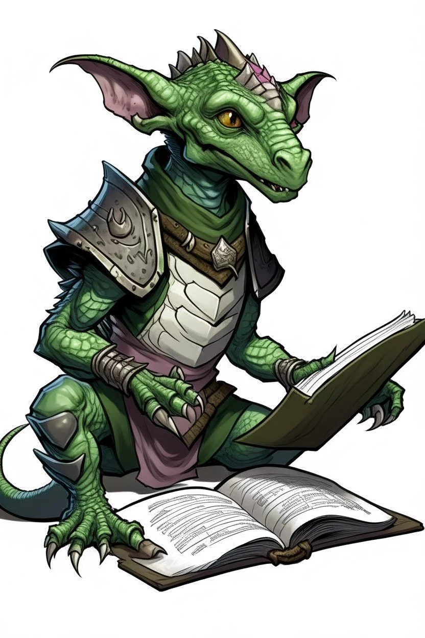 kobold from dungeons and dragons, grey diamond - shaped scales, big magic book