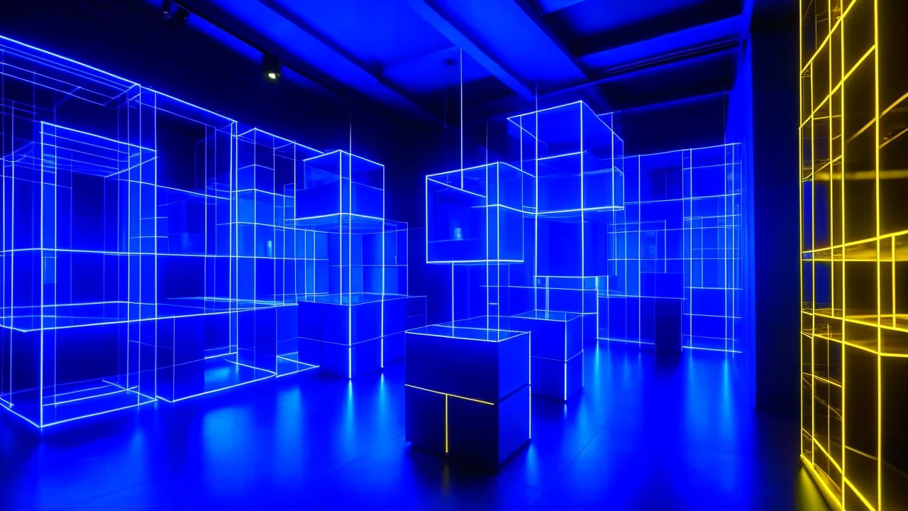 Minimalist cubic interior space illuminated with neon lights in blue and gold tones where characters of different kinds swarm.