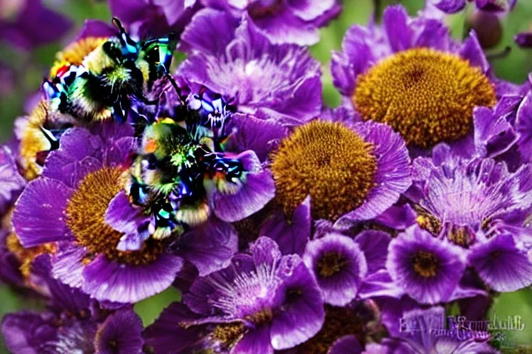 Beautiful symmetrical fluffy fat bumblebees dining at a feast of flowers, glitter, detailed fractal gems, fractal crystals, intricate, hyperdetailed, complex 3D filigree, ornate, metal, hyper realistic, photorealistic, incredible composition, amazing depth, imposing, 16k, detailed art illustration, vibrant, by "Josephine Wall", "Brian Froud"