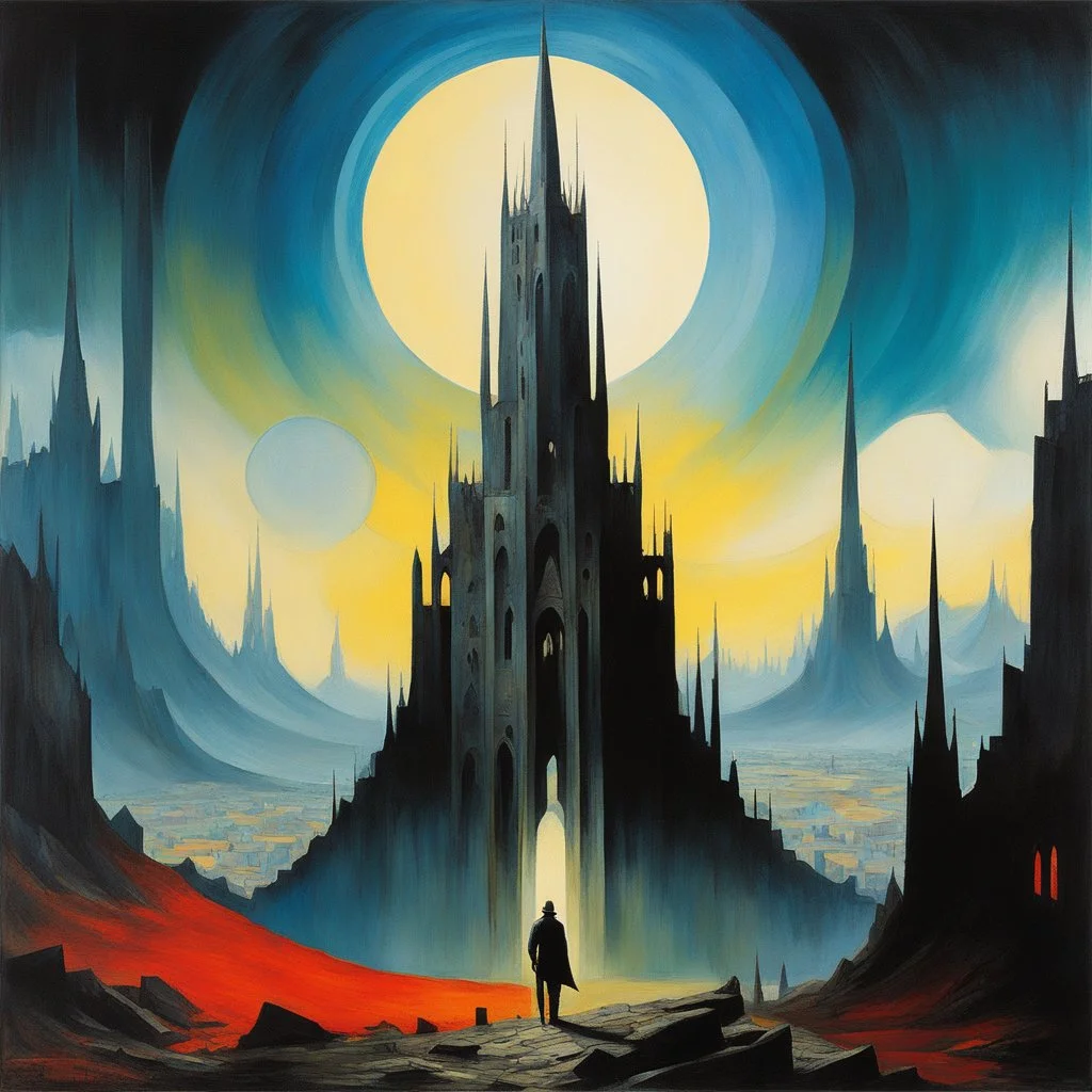 [abstract art inspired by Hieronymus Bosch and František Kupka] the ruins of a forgotten empire, an adventurer stands upon the crumbling edifice of a once-great tower, its spires reaching towards the heavens like the fingers of a long-forgotten god.As the adventurer gazes out upon the world below, a surreal tableau unfolds before their eyes. Above, a blue sun hangs low in the sky, casting an azure glow upon the landscape, its rays shimmering like shards of crystalline magic. The air is heavy wit