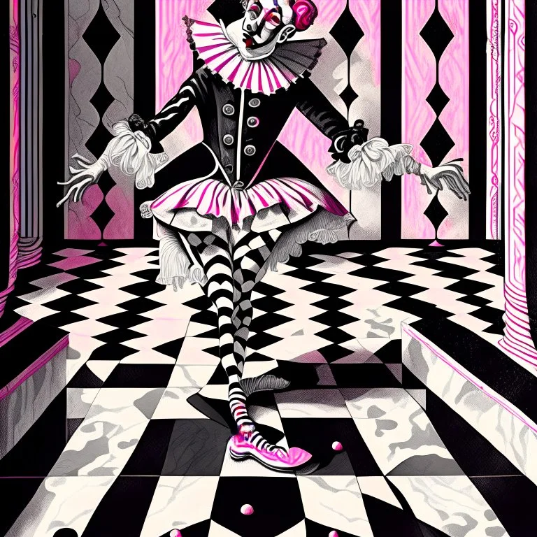 Storybook illustration of a Pierrot Clown, black and white with pink accents, Beardsely style, art nouveau elements, vintage drawing, pierrot vintage, black and white marble floor