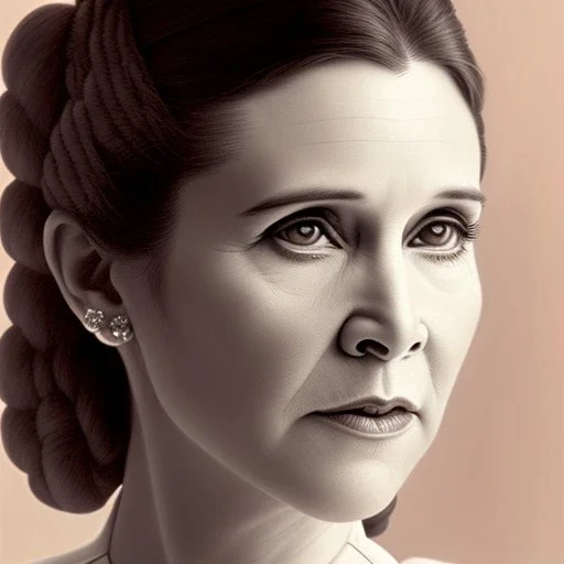 extremely detailed 8k hyperspace wallpaper,complete and photo realistic detailed head to waist stunning photo realistic portrait of carrie fisher as Princess Leia in star wars with photo realistic fine and simple hair, brown eyes, professional majestic photo realistic painting by Ed Blinkey, Atey Ghailan, by Jeremy Mann, Greg Manchess, Antonio Moro, trending on ArtStation, Intricate, High Detail, Sharp focus, dramatic, by greg rutkowski, realism, beautiful and detailed lighting,