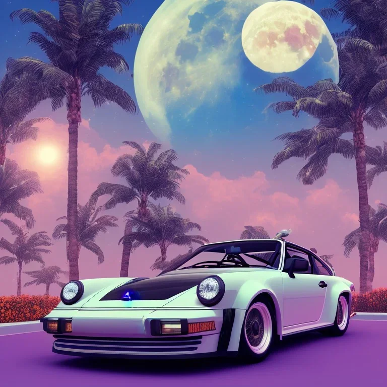 1980's aesthetic vaporwave palm trees with moon with porsche in autumn with lightning