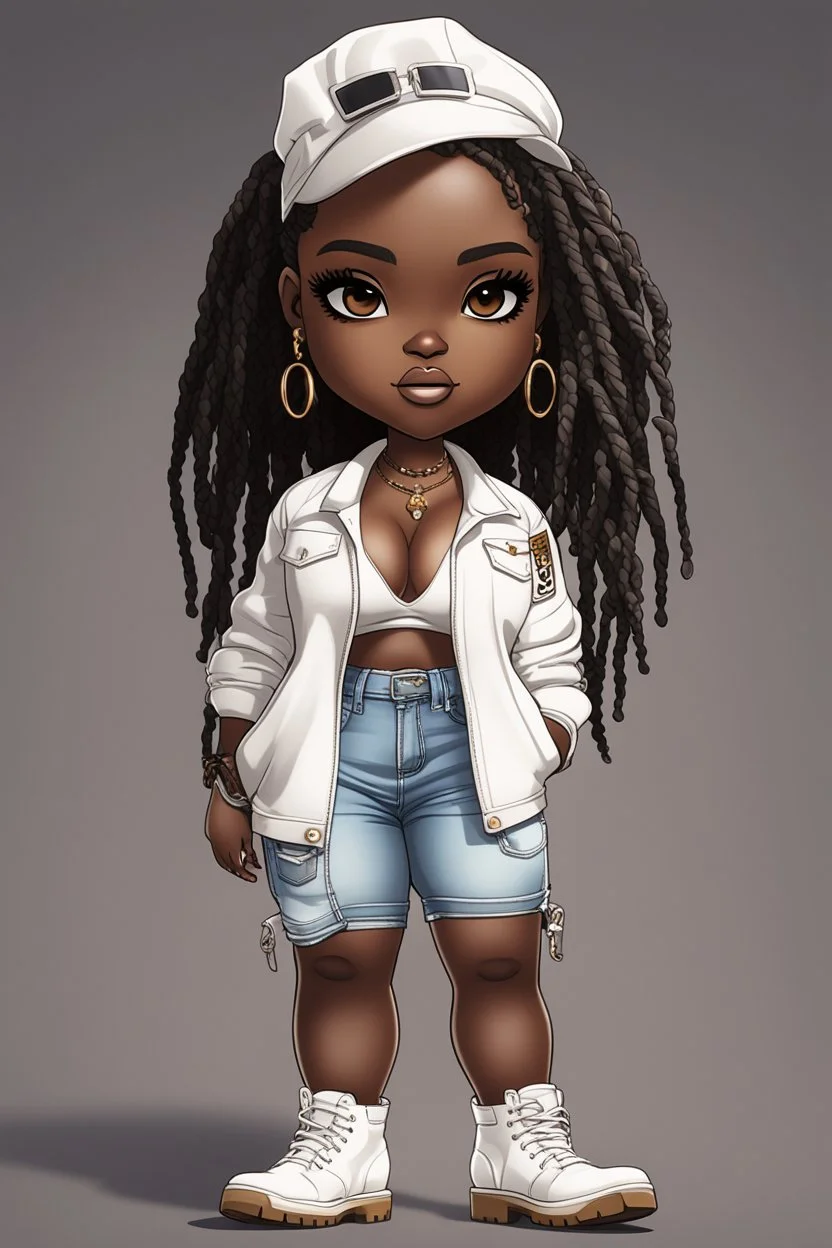 create a digital image of a plus size chibi dark skinned Black female wearing a white jean outfit with timberland boots. Prominent make up with brown eyes. Highly detailed dread locs 2k