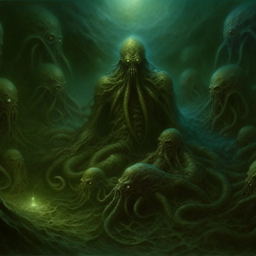 Music lyrics to image: " ancient Cthulhu Not dead but dreaming ...disgorged into a sea of stars!" (metal album cover artwork by Zdzislaw Beksinski, Michael Whelan, Brian Froud:1.6). ((Themes: lovecraftian horror, eldritch gods, existential dread)), masterpiece, intricate detailed, 8k resolution, absurd res, hyperdetailed