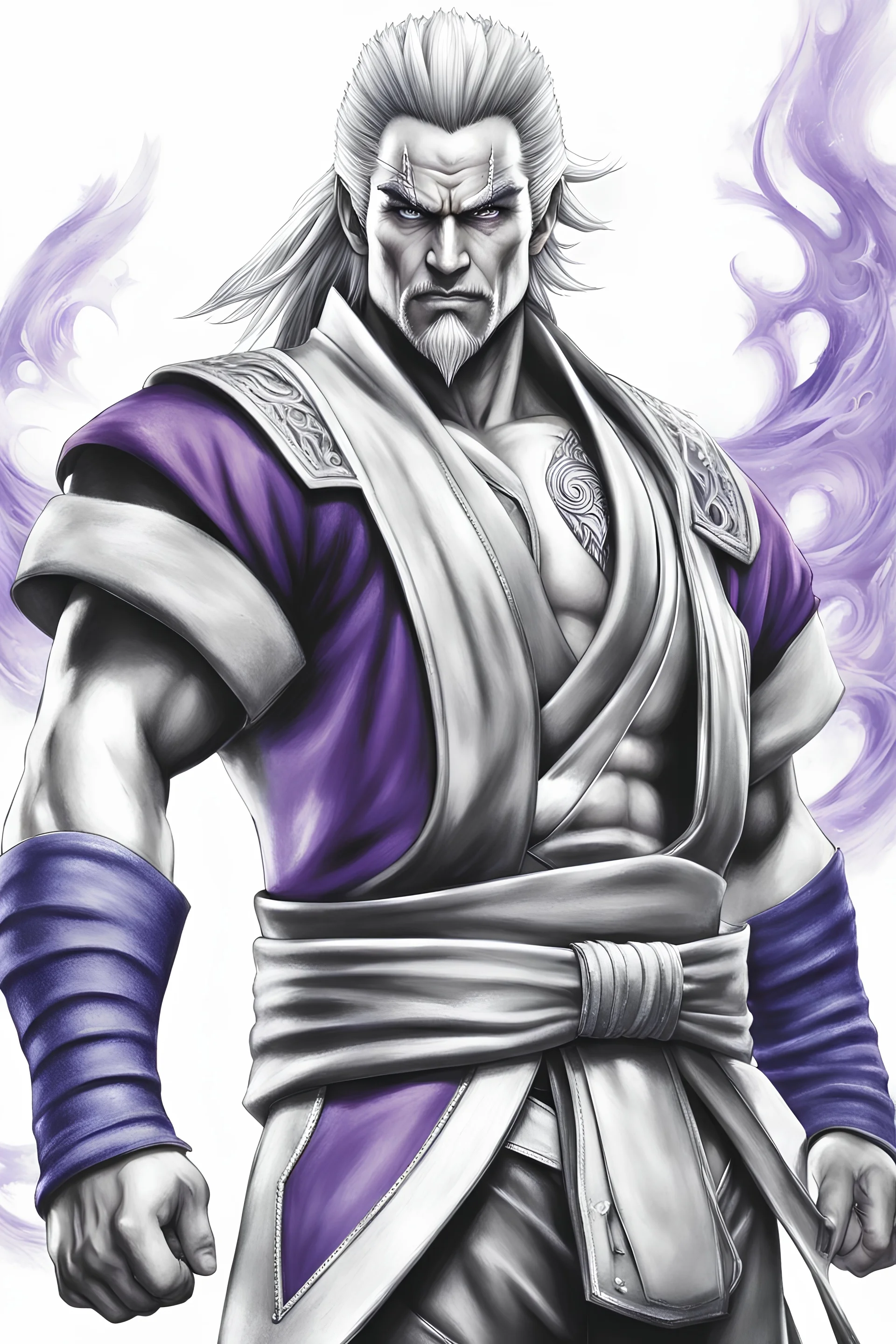 masterpiece, best quality, Heihachi Mishima from Tekken as Jecht from Final Fantasy X, brave, in the style of Final Fantasy X, , in the style of Tetsuya Nomura, duotone only purple and white, professional quality drawing, ultra detailed, only pencils