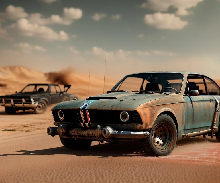 Realistic image. Mad max car. BMW 4 series, 2023 . woman in the foreground. 4k resolution, intricate details, ornate details, soft lighting, vibrant colors, mad max background