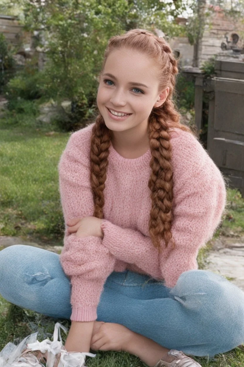 Sherrie Sue Engellant, a stacked, ((well-endowed:1.5)) 18-year-old girl with Long, auburn red-brown hair cornrow style, sea-green eyes, muscles, sitting in her front yard wearing a pink, knit, turtleneck sweater, blue jeans, black converse sneakers, a sly, clever grin on her face, (plump, full, pouty lips) ,