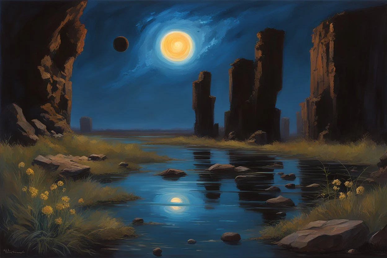 Dark blue sky with one exoplanet in the horizon, rocks, cliffs, puddle, weeds, sci-fi movies influence, epic, ernest welvaert and charles leickert impressionism paintings