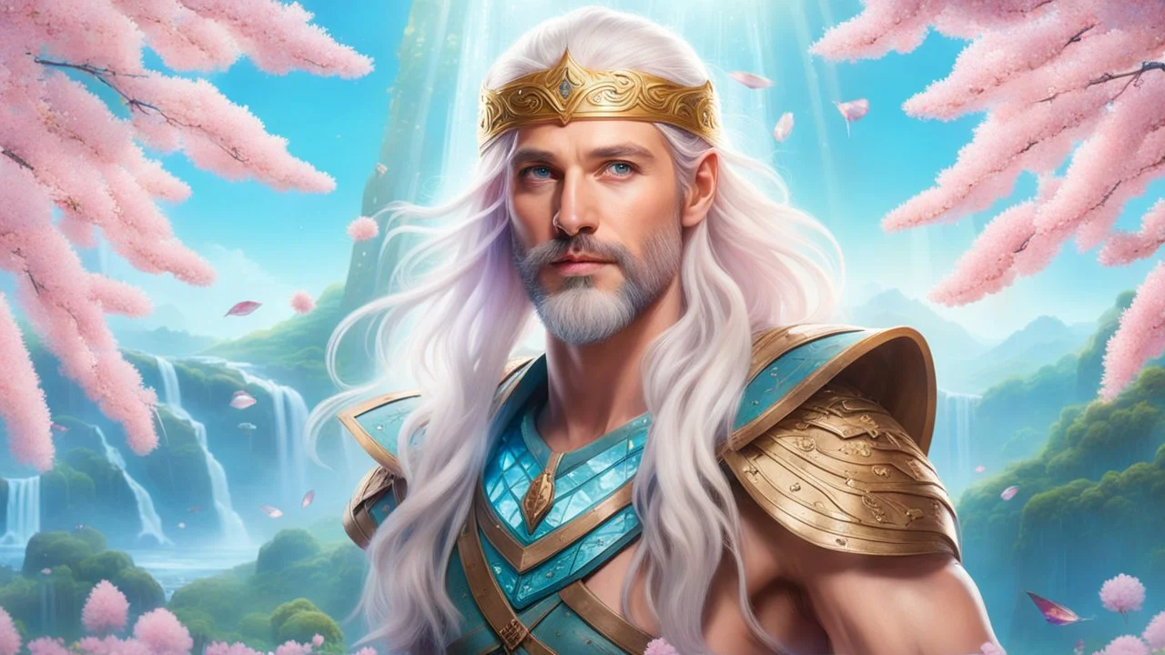 Photo realistic portrait of a gorgeous smiling skinny viking god with a golden dark shining skin, long smooth clear turquoise blue and pink white hair, blue eyes, in a sci-fi outfit with luminous strikes blowing a kiss in a hill of flowers with sakura trees, a waterfall, a crystal palace, loads of mini flowers, moss, sun rays through the branches, particles in the air at spring. Intricated details,