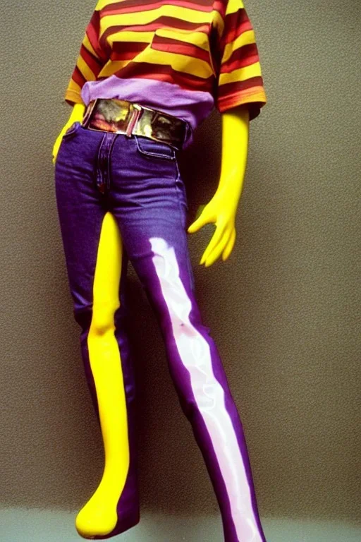 Photograph of a woman. Low waist jeans, baggy, 1996,1997,1998!Big serigraph print of a plant!Terracotta,cream,purple,lilac. Cream colored latex parts. imperial yellow, red plum stripes, only on the top half of t-shirt. European daft punk woman. Mantle is sewed of recycled Denim and sewed together of recycled polymer felt. lace, Yellow(Munsell) areas. hint of orange as effect color!!Big bright purple/khaki felt tippet and cream or blue or lilac colored-hood. mantle is merged with cobalt