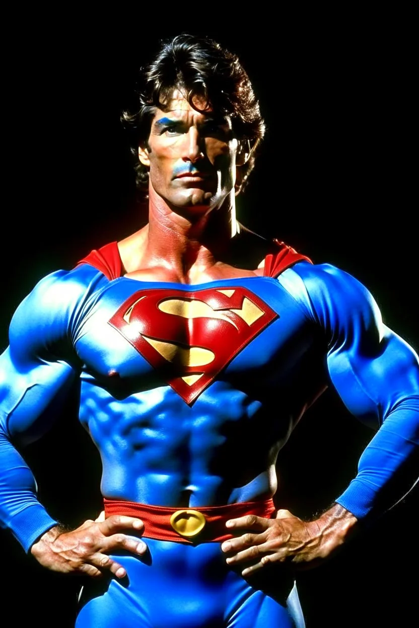 extremely muscular, short, curly, buzz-cut, military-style haircut, pitch black hair, Paul Stanley/Elvis Presley/Pierce Brosnan/Jon Bernthal/Sean Bean/Dolph Lundgren/Keanu Reeves/Patrick Swayze/ hybrid, as the extremely muscular Superhero "SUPERSONIC" in an original patriotic red, white and blue, "Supersonic" Super suit with an America Flag Cape,