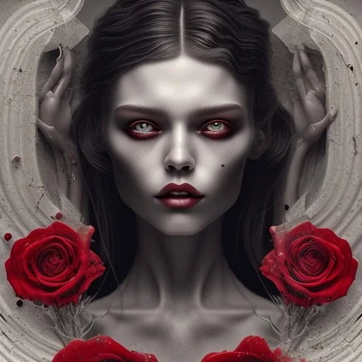 Mystery scary VAMPIRE,Ambiance dramatique, dramatic lighting, volumetric lighting, hyperrealisme, 8k, high quality, lot of details, fit within portrait , black and red roses , alan parker , anna dittman ,