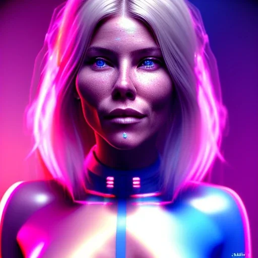 Sienna Miller, hyper realistic, cyberpunk style, shaved hair, latex, gradient color, BLUE, PINK, CYAN, neon, insanely detailed, 16k resolution, perfect eyes, cinematic smooth, intricate detail