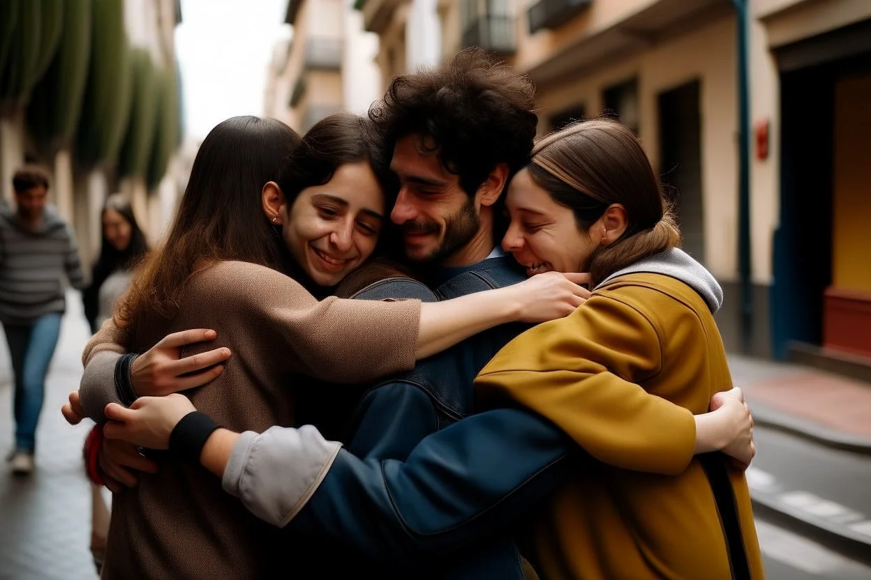 Grupo de personas abrazadas de espaldas en una calle de una ciudad española. fotografía realizada con cámara Leica y objetivo 50 mm. Fotografía en color