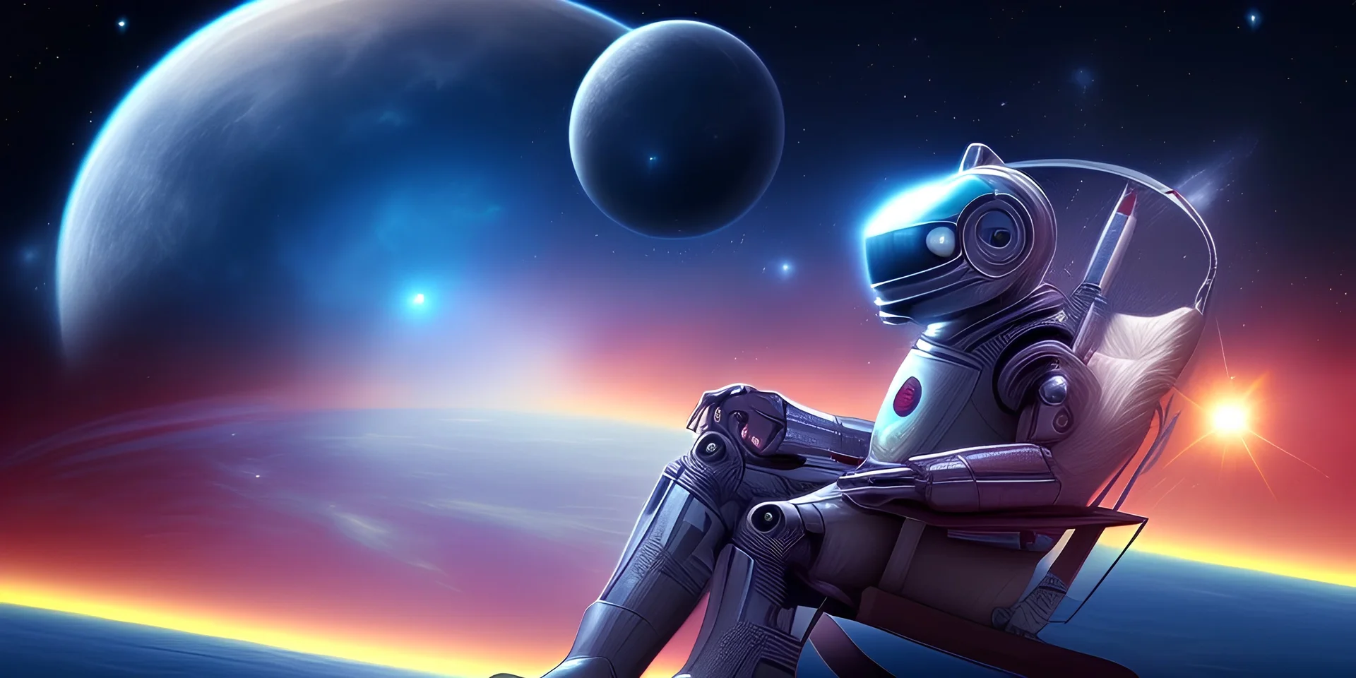 one old robot alien relaxing in a rocking chair. night. sunglasses . nebula sky