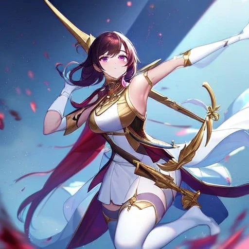 Clear focus, High resolution, Black red faded hair, low small ponytail, purple dead glowing eyes, white detailed split skirt, purple and white detailed sleeveless shirt up to neck, white gloves up to elbow, holding sword, gold necklace, white thigh high boots, zoomed out, (solo)